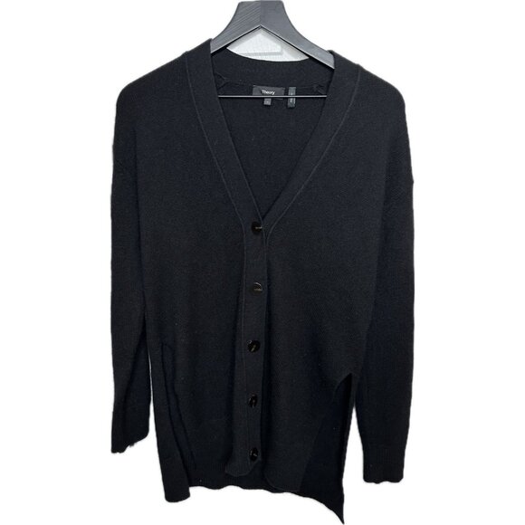 Theory Women’s Mid Length Soft 100% Cashmere V-neck Cardigan Petite Small Black - Picture 1 of 9